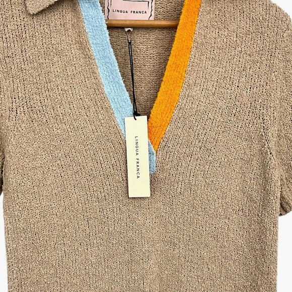 NWT Lingua Franca Miller Bouclé Knit Polo Shirt Sable Beige Size M Medium - Picture 5 of 9